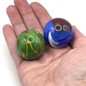 Shooter Marbles 1 3/8" LOT of 2 Green Yellow Red Swirl Blue White Red Swirl